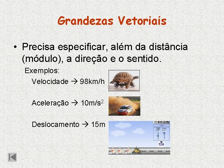 Grandezas Vetoriais • Precisa especificar, além da distância (módulo), a direção e o sentido.