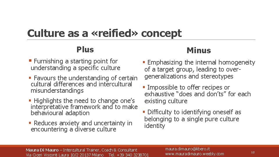 Culture as a «reified» concept Plus Minus § Furnishing a starting point for §