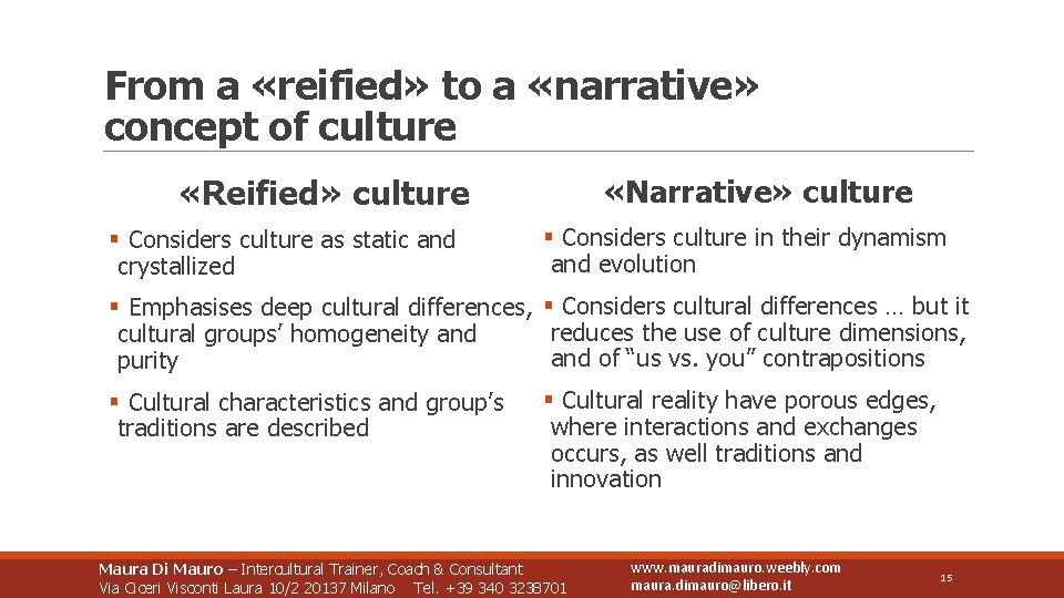 From a «reified» to a «narrative» concept of culture «Reified» culture § Considers culture