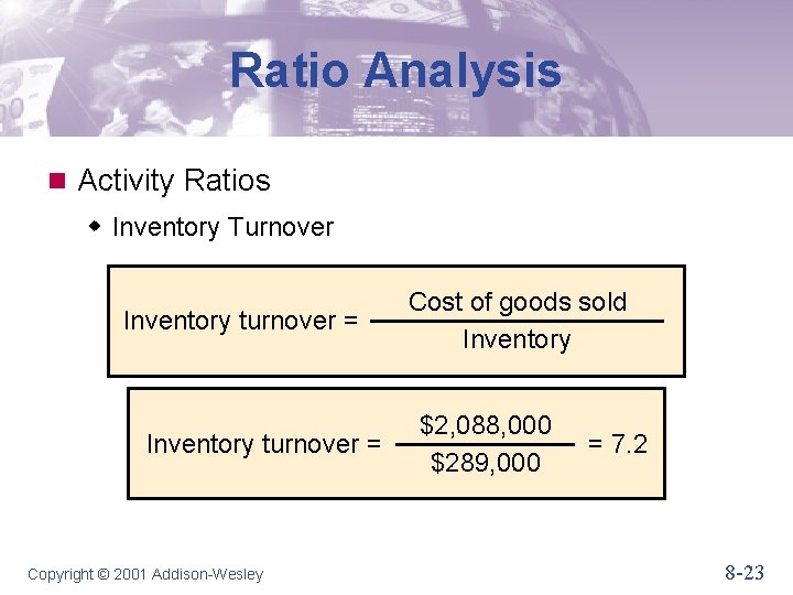 Ratio Analysis n Activity Ratios w Inventory Turnover Inventory turnover = Copyright © 2001