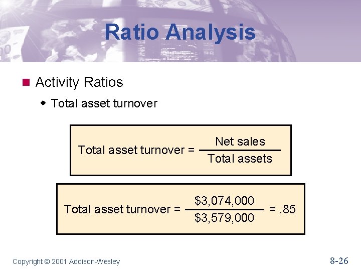 Ratio Analysis n Activity Ratios w Total asset turnover = Copyright © 2001 Addison-Wesley