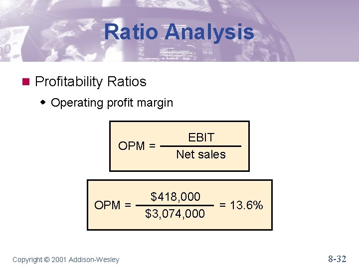 Ratio Analysis n Profitability Ratios w Operating profit margin OPM = Copyright © 2001