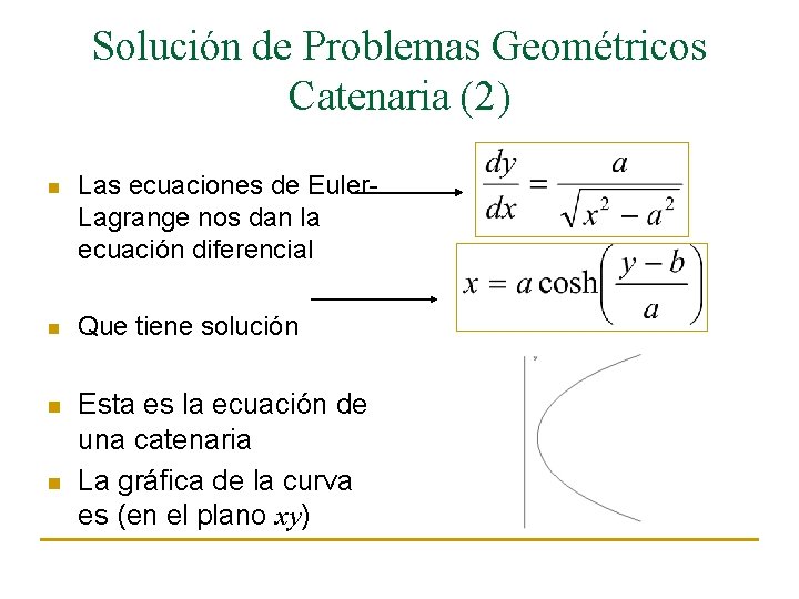 Solución de Problemas Geométricos Catenaria (2) n Las ecuaciones de Euler. Lagrange nos dan