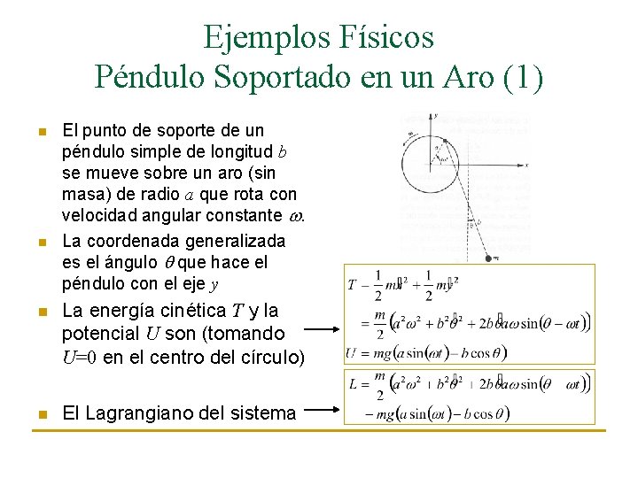 Ejemplos Físicos Péndulo Soportado en un Aro (1) n n El punto de soporte