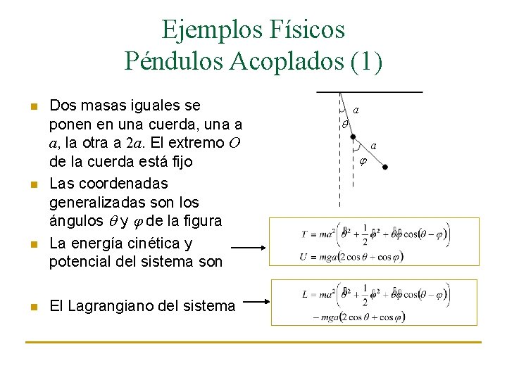 Ejemplos Físicos Péndulos Acoplados (1) n n Dos masas iguales se ponen en una