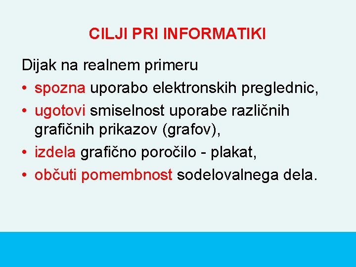 CILJI PRI INFORMATIKI Dijak na realnem primeru • spozna uporabo elektronskih preglednic, • ugotovi CILJI PRI INFORMATIKI Dijak na realnem primeru • spozna uporabo elektronskih preglednic, • ugotovi