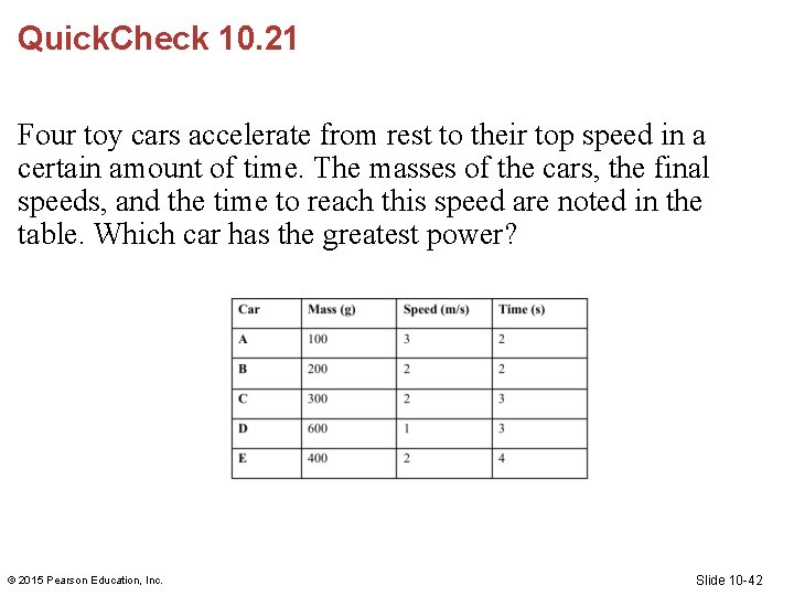 Quick. Check 10. 21 Four toy cars accelerate from rest to their top speed
