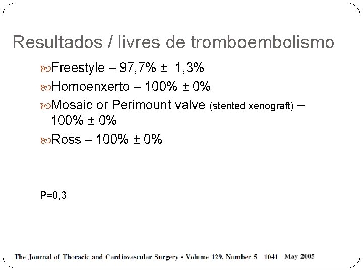 Resultados / livres de tromboembolismo Freestyle – 97, 7% ± 1, 3% Homoenxerto –