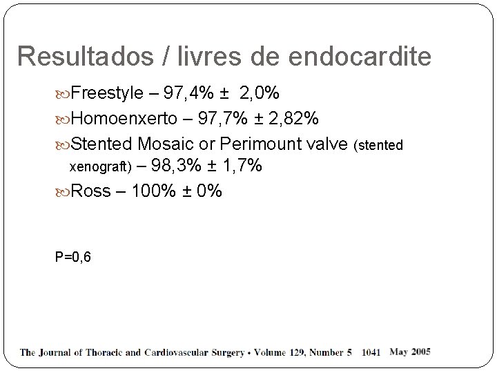 Resultados / livres de endocardite Freestyle – 97, 4% ± 2, 0% Homoenxerto –