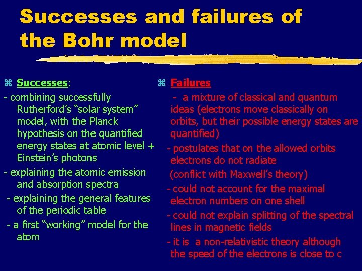 Successes and failures of the Bohr model z Successes: z Failures - combining successfully