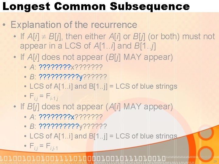 Longest Common Subsequence • Explanation of the recurrence • If A[i] B[j], then either
