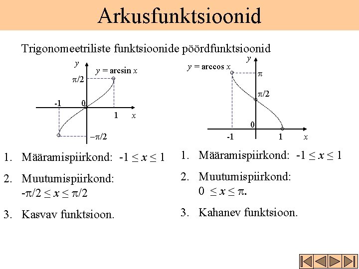 Arkusfunktsioonid Trigonomeetriliste funktsioonide pöördfunktsioonid y p/2 -1 y = arcsin x y = arccos