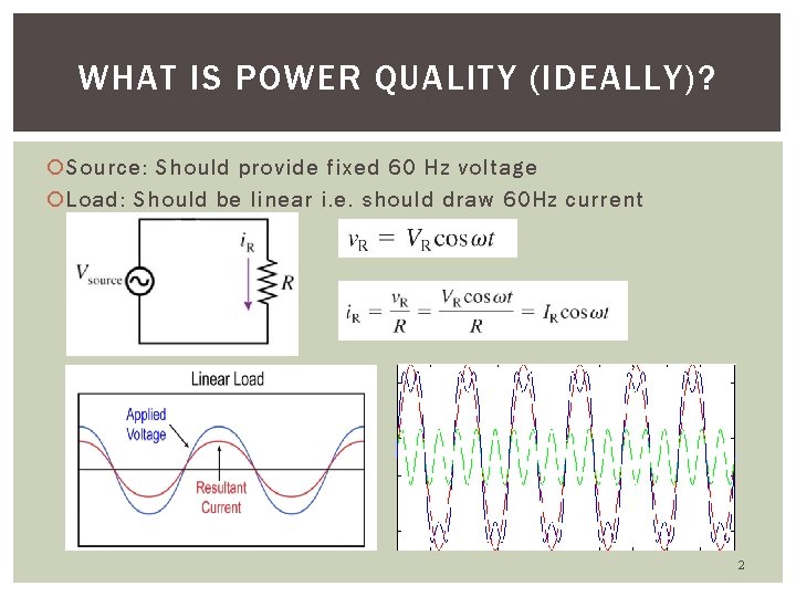 WHAT IS POWER QUALITY (IDEALLY)? Source: Should provide fixed 60 Hz voltage Load: Should