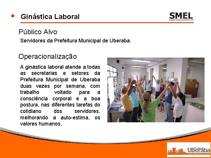 Ginástica Laboral Público Alvo Servidores da Prefeitura Municipal de Uberaba. Operacionalização A ginástica laboral