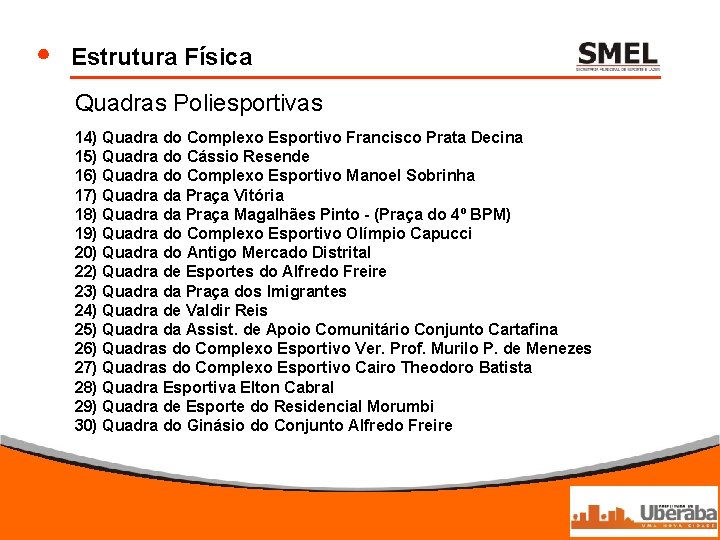 Estrutura Física Quadras Poliesportivas 14) Quadra do Complexo Esportivo Francisco Prata Decina 15) Quadra