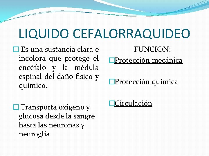 LIQUIDO CEFALORRAQUIDEO � Es una sustancia clara e incolora que protege el encéfalo y