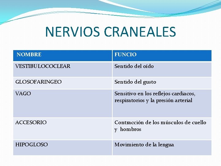 NERVIOS CRANEALES NOMBRE FUNCIO VESTIBULOCOCLEAR Sentido del oído GLOSOFARINGEO Sentido del gusto VAGO Sensitivo