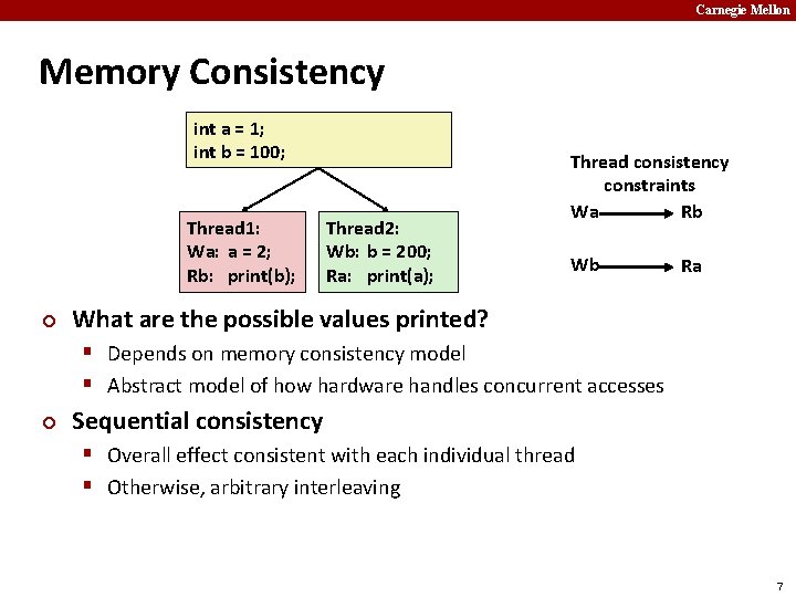 Carnegie Mellon Memory Consistency int a = 1; int b = 100; Thread 1: