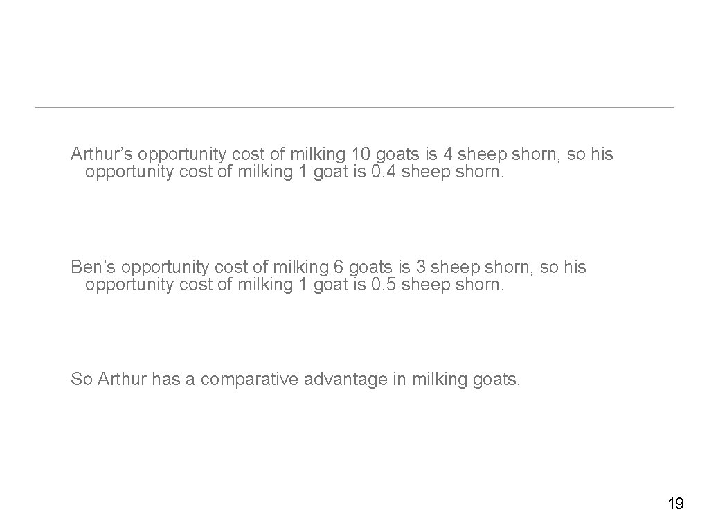 Arthur’s opportunity cost of milking 10 goats is 4 sheep shorn, so his opportunity