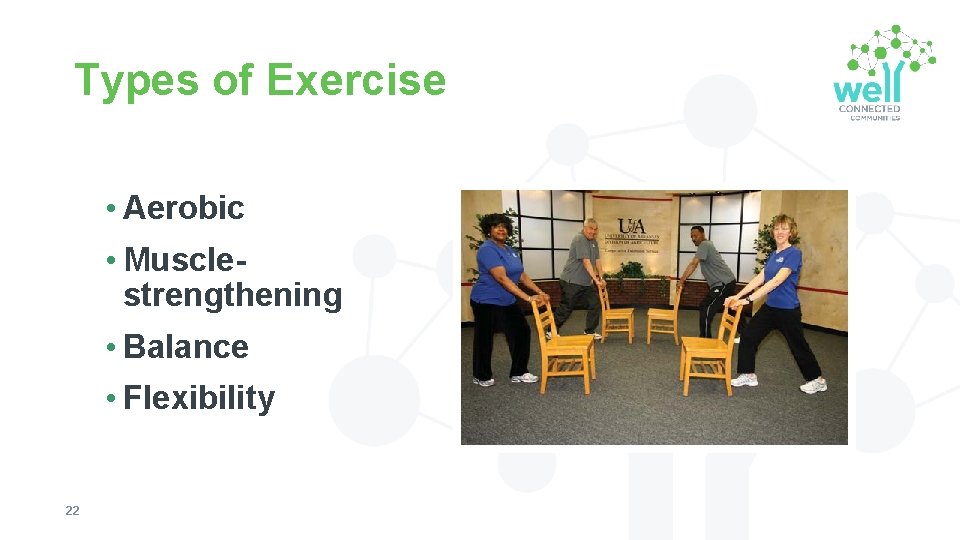 Types of Exercise • Aerobic • Musclestrengthening • Balance • Flexibility 22 