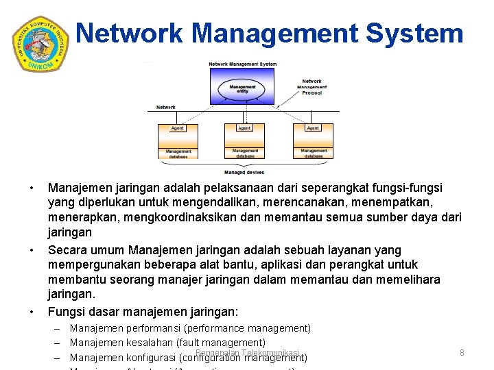 Network Management System • • • Manajemen jaringan adalah pelaksanaan dari seperangkat fungsi-fungsi yang