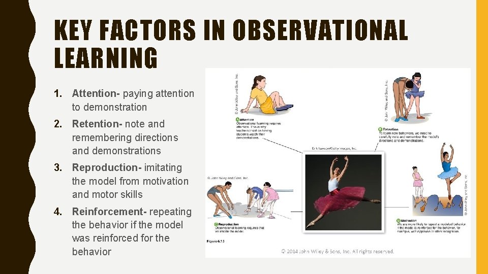 KEY FACTORS IN OBSERVATIONAL LEARNING 1. Attention- paying attention to demonstration 2. Retention- note