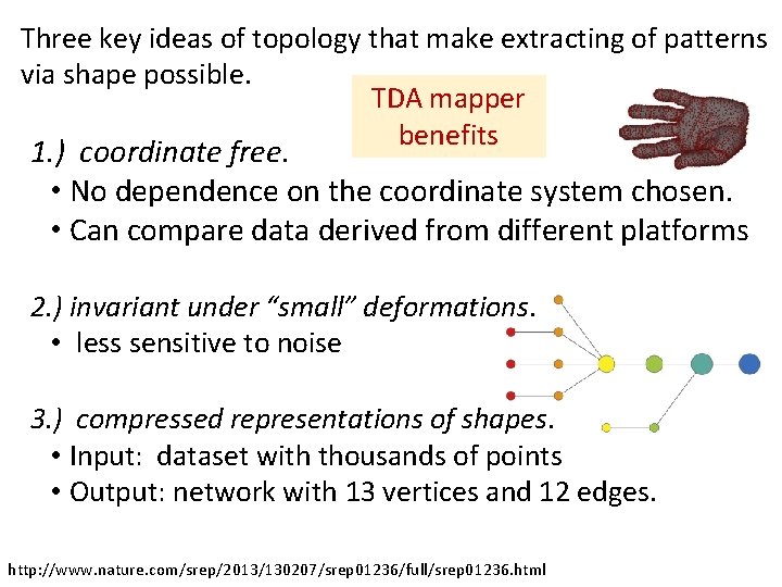 Three key ideas of topology that make extracting of patterns via shape possible. TDA