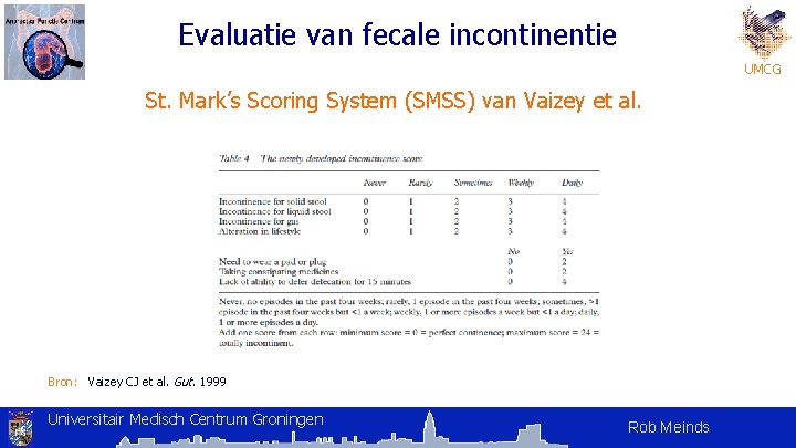 Evaluatie van fecale incontinentie UMCG St. Mark’s Scoring System (SMSS) van Vaizey et al. Evaluatie van fecale incontinentie UMCG St. Mark’s Scoring System (SMSS) van Vaizey et al.