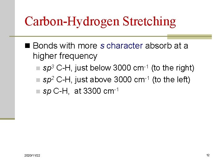 Carbon-Hydrogen Stretching n Bonds with more s character absorb at a higher frequency sp