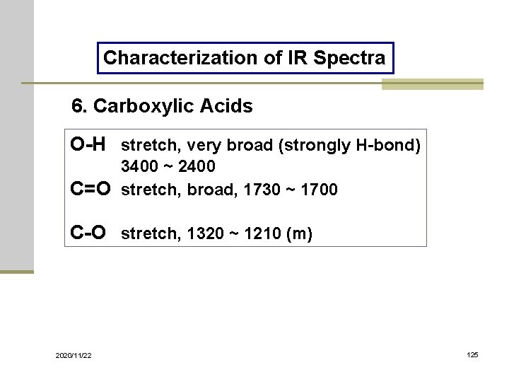 Characterization of IR Spectra 6. Carboxylic Acids O-H stretch, very broad (strongly H-bond) 3400