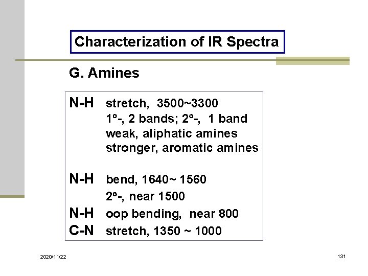 Characterization of IR Spectra G. Amines N-H stretch, 3500~3300 1 -, 2 bands; 2