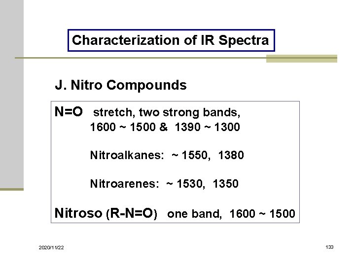 Characterization of IR Spectra J. Nitro Compounds N=O stretch, two strong bands, 1600 ~