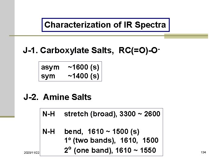 Characterization of IR Spectra J-1. Carboxylate Salts, RC(=O)-Oasym ~1600 (s) sym ~1400 (s) J-2.
