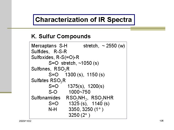 Characterization of IR Spectra K. Sulfur Compounds Mercaptans S-H stretch, ~ 2550 (w) Sulfides,