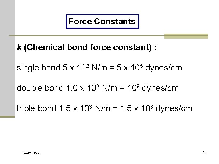 Force Constants k (Chemical bond force constant) : single bond 5 x 102 N/m