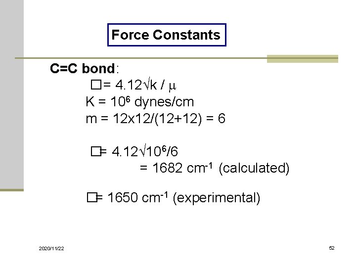 Force Constants C=C bond: � = 4. 12√k / m K = 106 dynes/cm