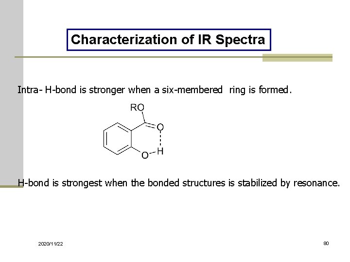Characterization of IR Spectra Intra- H-bond is stronger when a six-membered ring is formed.