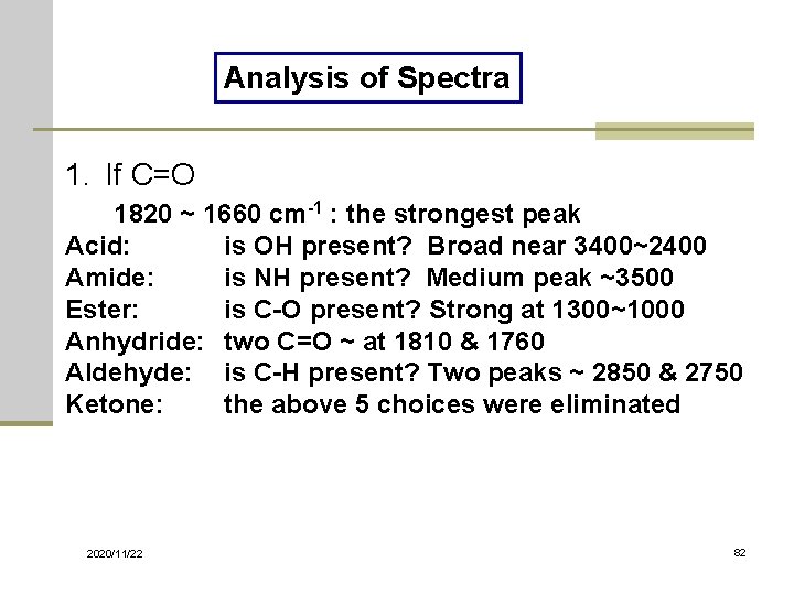 Analysis of Spectra 1. If C=O 1820 ~ 1660 cm-1 : the strongest peak