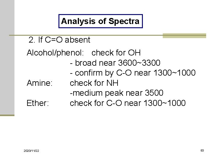 Analysis of Spectra 2. If C=O absent Alcohol/phenol: check for OH - broad near