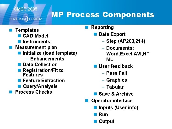 CMSC 2005 MP Process Components n Templates n CAD Model n Instruments n Measurement CMSC 2005 MP Process Components n Templates n CAD Model n Instruments n Measurement
