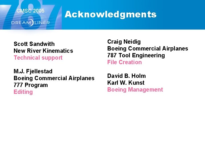 CMSC 2005 Acknowledgments Scott Sandwith New River Kinematics Technical support Craig Neidig Boeing Commercial CMSC 2005 Acknowledgments Scott Sandwith New River Kinematics Technical support Craig Neidig Boeing Commercial