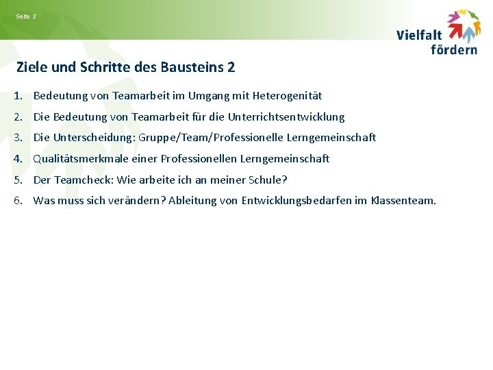 Seite 2 Ziele und Schritte des Bausteins 2 1. Bedeutung von Teamarbeit im Umgang