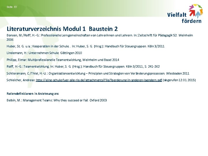 Seite 33 Literaturverzeichnis Modul 1 Baustein 2 Bonsen, M. /Rolff, H. -G. : Professionelle