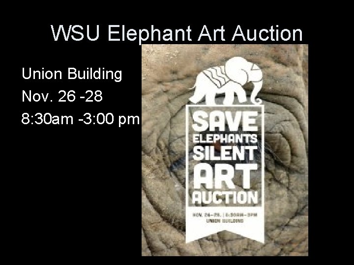 WSU Elephant Art Auction Union Building Nov. 26 -28 8: 30 am -3: 00