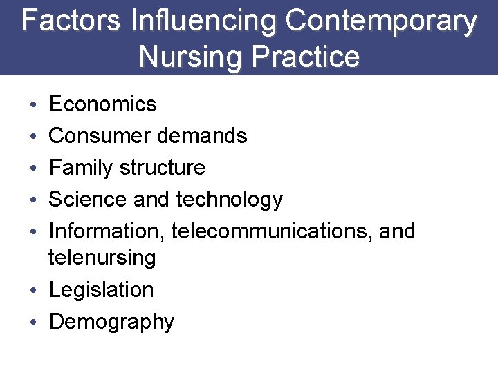 Factors Influencing Contemporary Nursing Practice Economics Consumer demands Family structure Science and technology Information,