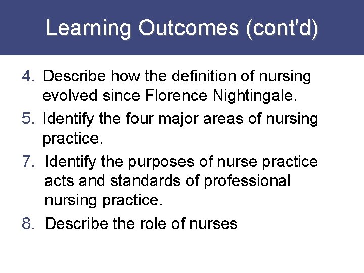 Learning Outcomes (cont'd) 4. Describe how the definition of nursing evolved since Florence Nightingale.