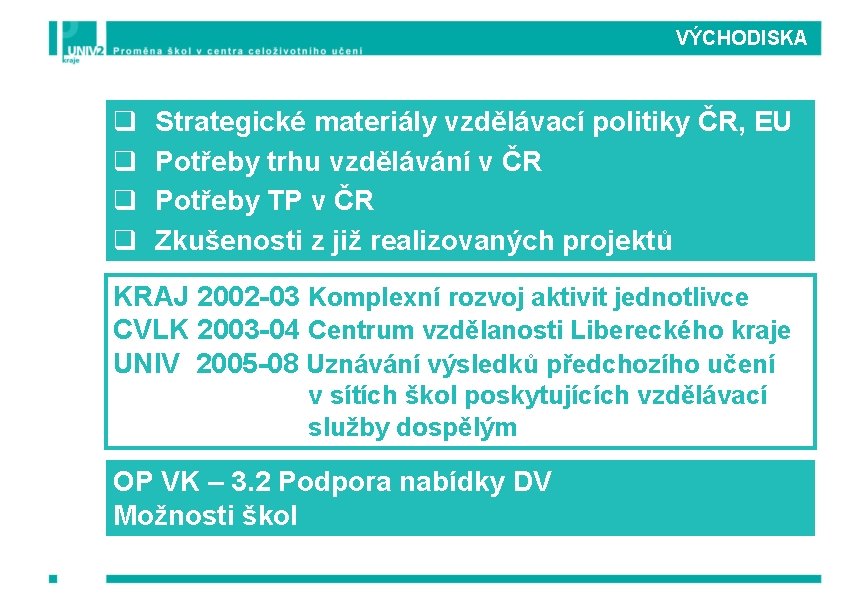 VÝCHODISKA q q Strategické materiály vzdělávací politiky ČR, EU Potřeby trhu vzdělávání v ČR