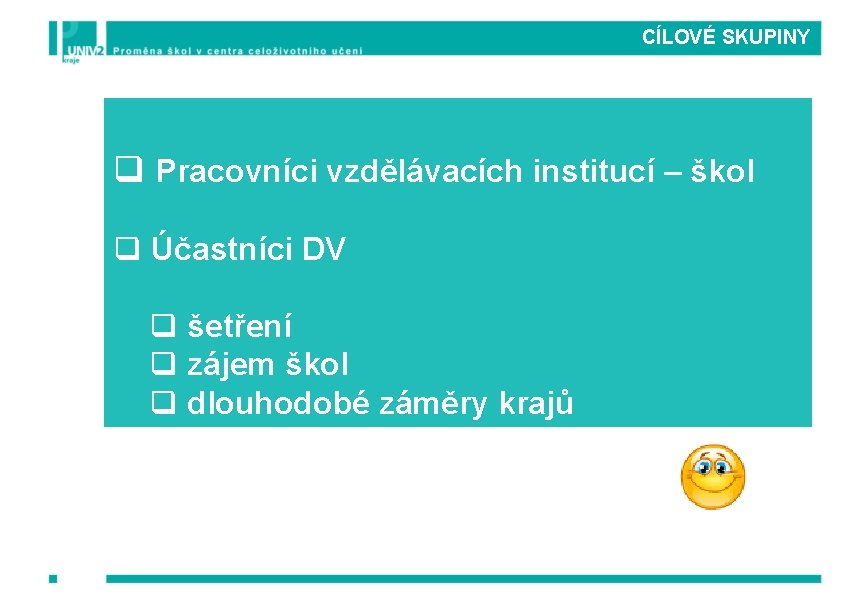 CÍLOVÉ SKUPINY q Pracovníci vzdělávacích institucí – škol q Účastníci DV q šetření q