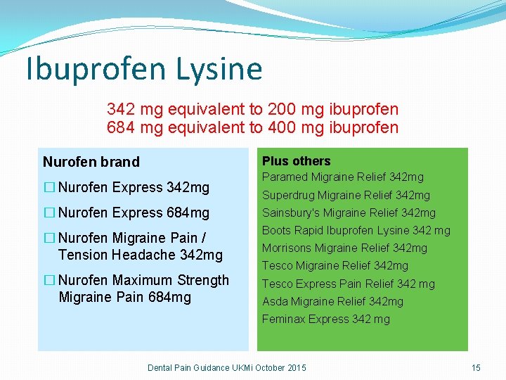 Ibuprofen Lysine 342 mg equivalent to 200 mg ibuprofen 684 mg equivalent to 400 Ibuprofen Lysine 342 mg equivalent to 200 mg ibuprofen 684 mg equivalent to 400