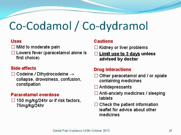 Co-Codamol / Co-dydramol Uses � Mild to moderate pain � Lowers fever (paracetamol alone Co-Codamol / Co-dydramol Uses � Mild to moderate pain � Lowers fever (paracetamol alone